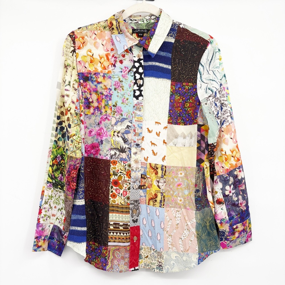 Charlie B Womens Patchwork Multi Print Boho Eclectic‎ Button Down Shirt Size M
